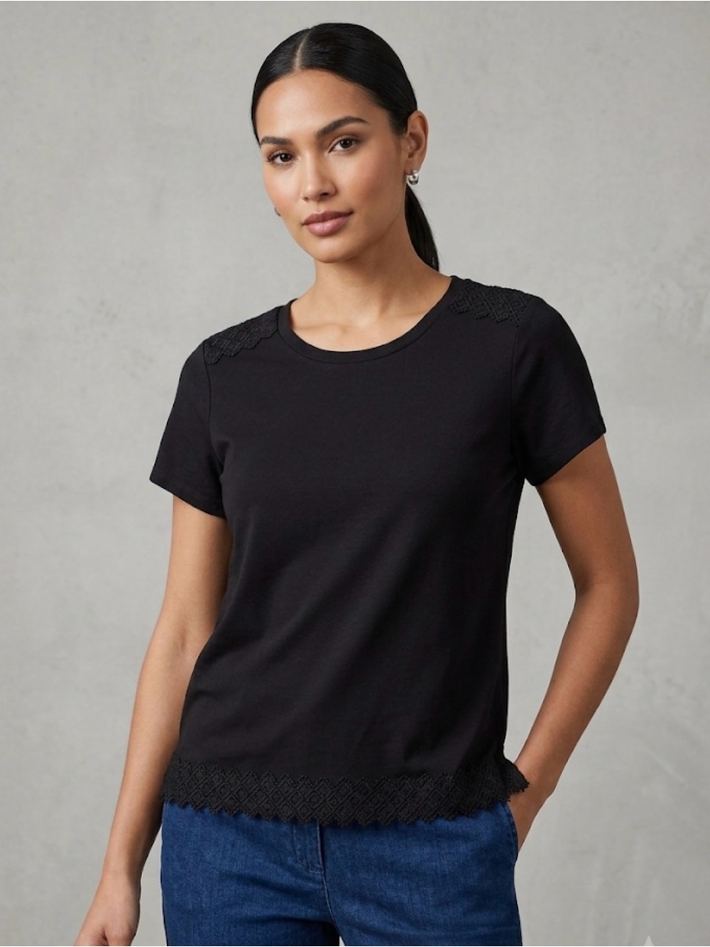 Laura petites Black Short Sleeve Tee with Lace Hem and Shoulder Detail